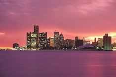 view of city of detroit at sunset.