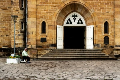 cathedral entrance from a cobble stone road in greenville south carolina usa