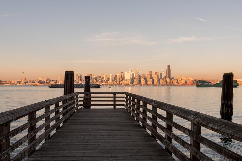 distant view of city from dock in seattle washington usa.